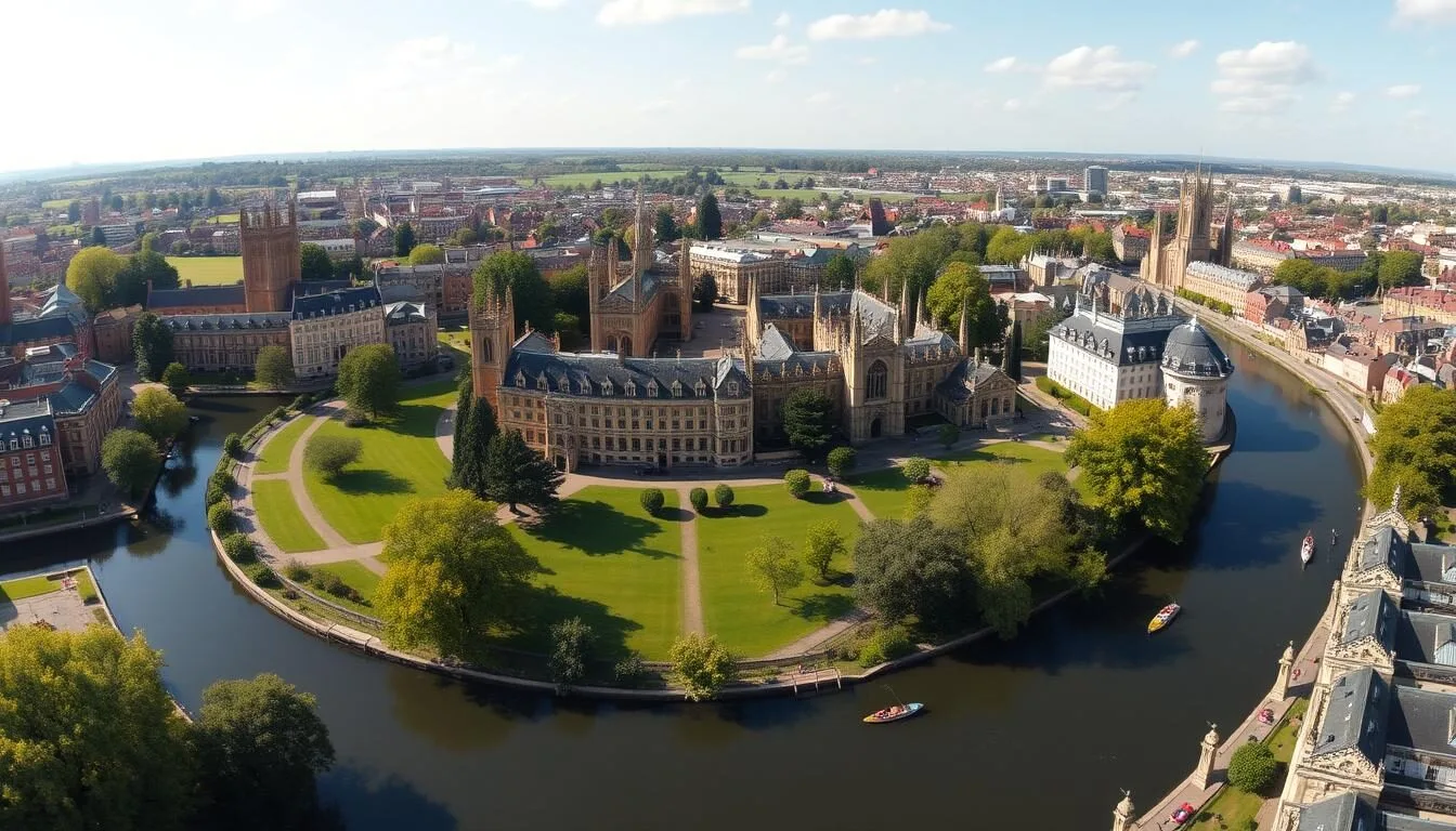 Aerial view of Cambridge, England showing the historic colleges and River Cam on a sunny day