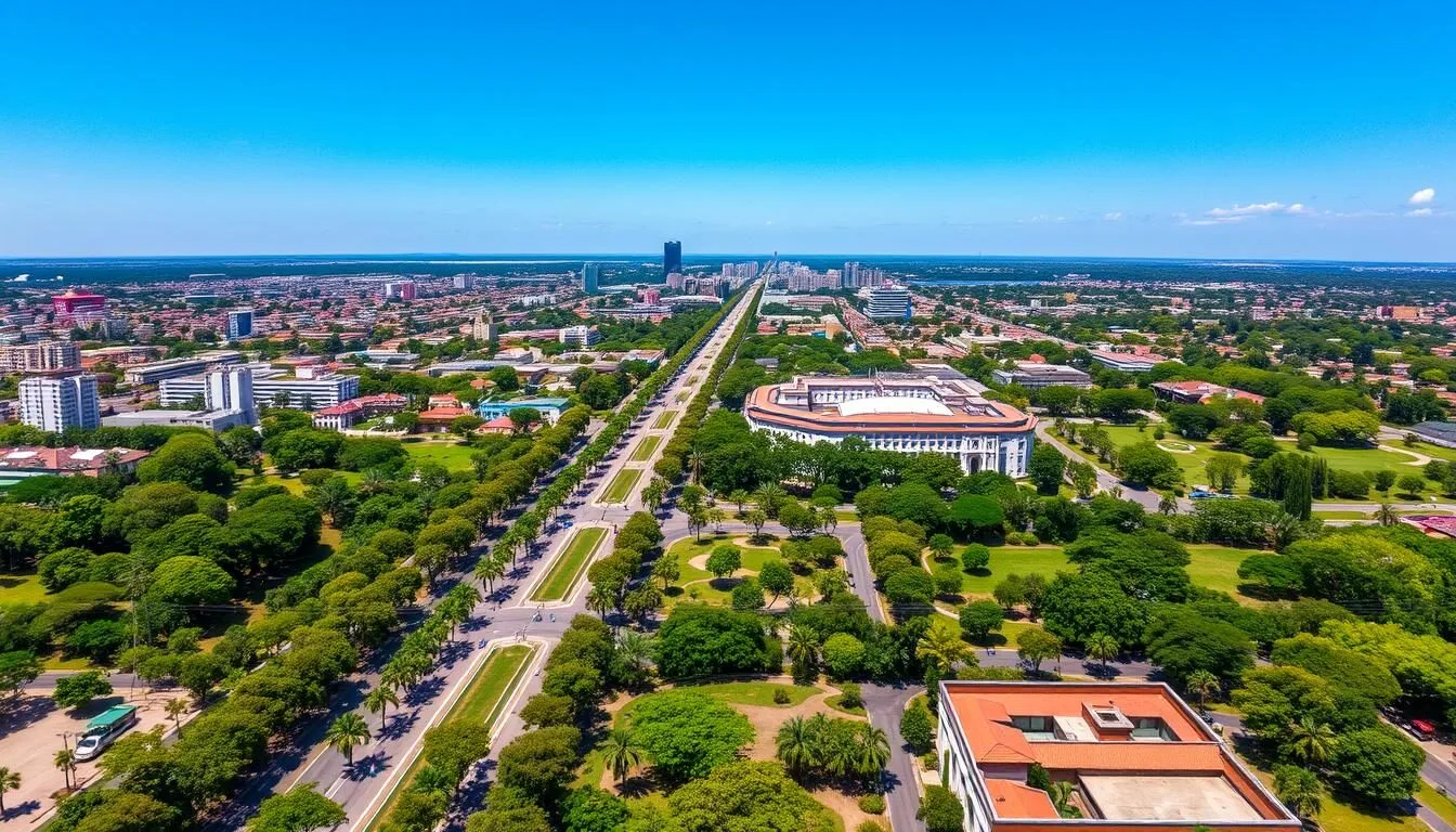 Aerial-view-of-Campo-Grande-city-with-its-wide-tree-lined-avenues-and-urban-parks-on-a-sunny Aerial view of Campo Grande city with its wide tree-lined avenues and urban parks on a sunny day