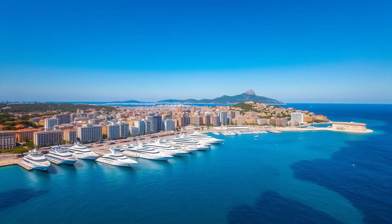 Aerial-view-of-Cannes-harbor-with-luxury-yachts-and-the-famous-La-Croisette-boulevard-on-a Aerial view of Cannes harbor with luxury yachts and the famous La Croisette boulevard on a sunny day