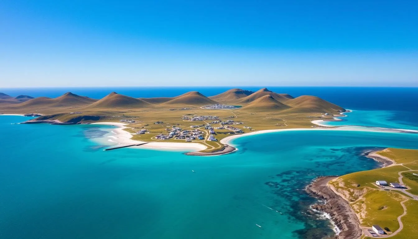 Aerial view of Carcass Island's coastline showing the settlement and surrounding landscape in the Falkland Islands