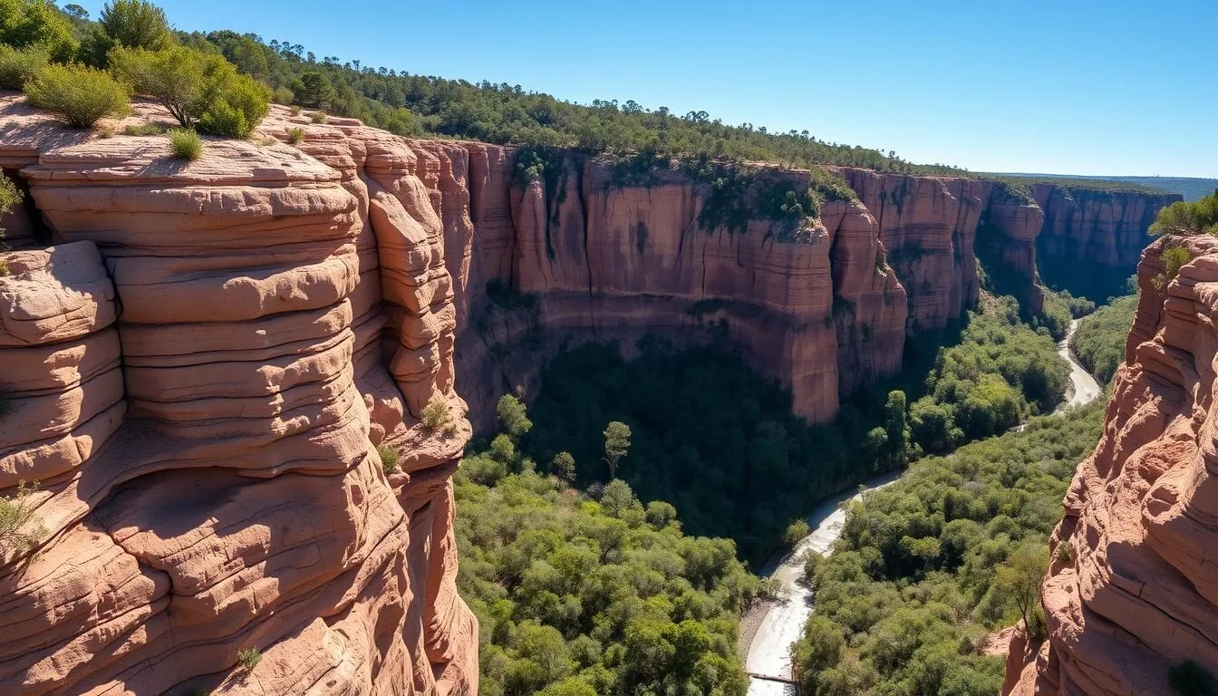 Aerial view of Carnarvon Gorge's dramatic sandstone cliffs and lush vegetation in Queensland, Australia