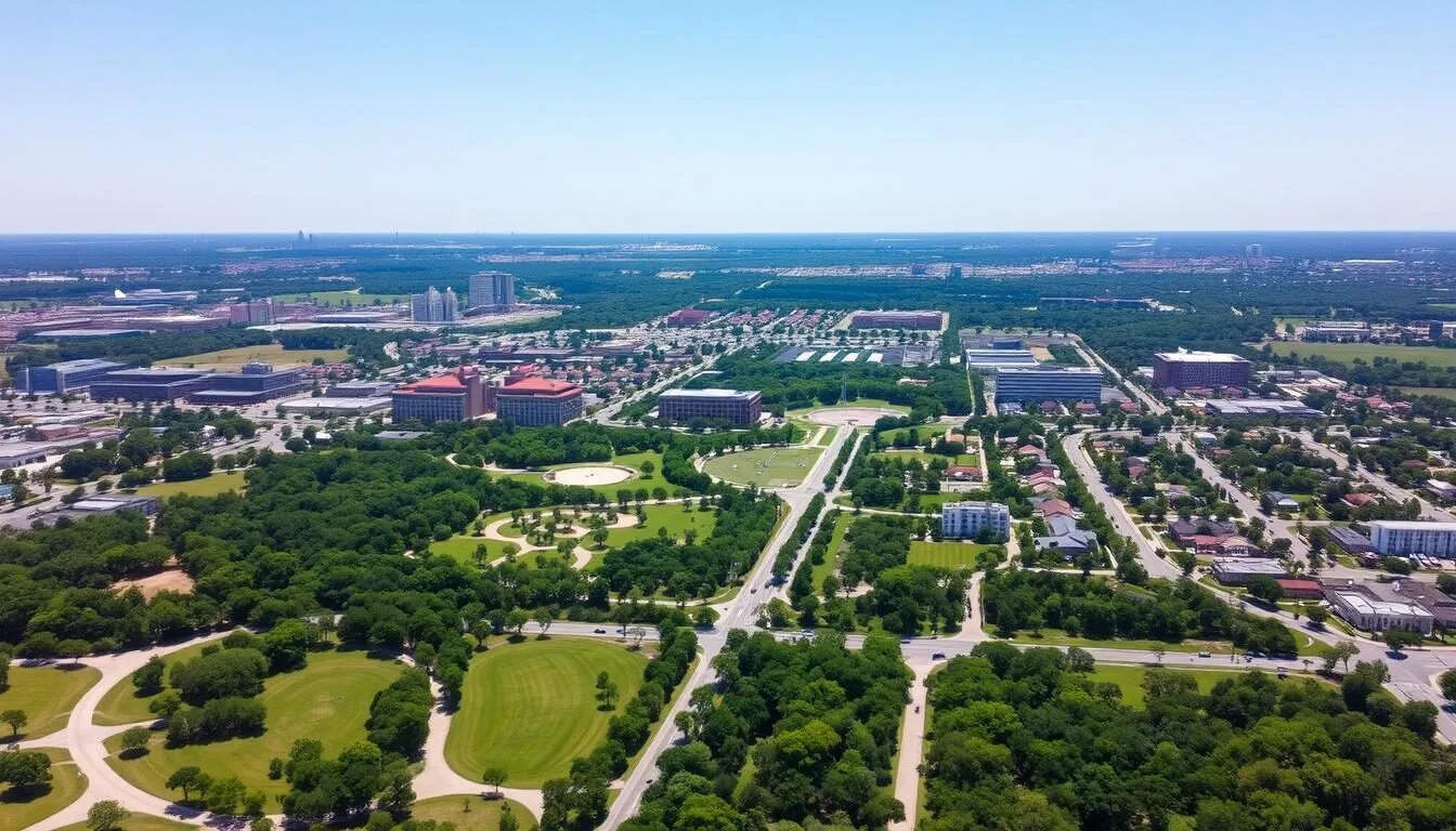 Aerial view of Carrollton Texas showing its abundant green spaces and urban areas