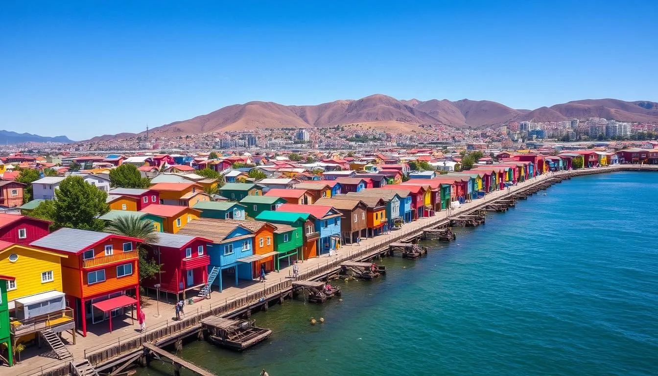 Aerial view of Castro, Chile showing the colorful palafitos (stilt houses) along the waterfront with the city rising on hills in the background