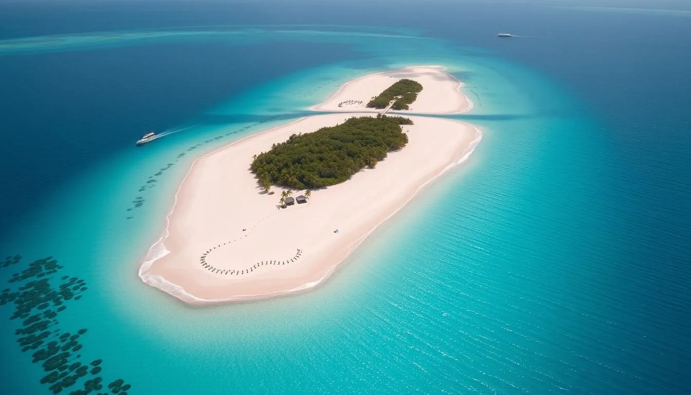 Aerial view of Cayo Blanco Island, Cuba showing white sand beaches and turquoise waters