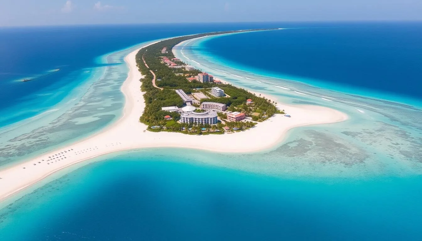 Aerial view of Cayo Coco Island, Cuba showing turquoise waters and white sand beaches