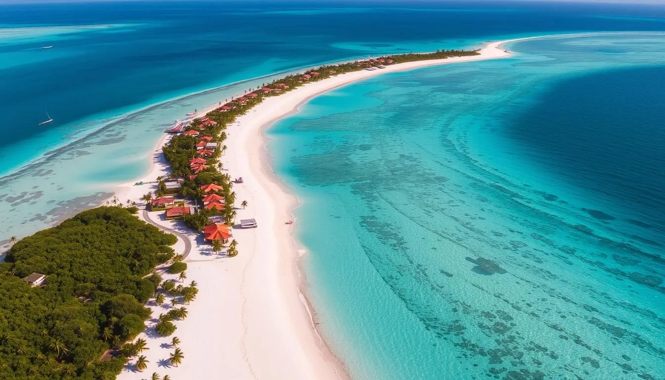 Aerial view of Cayo Guillermo Island, Cuba showing pristine white beaches and turquoise waters