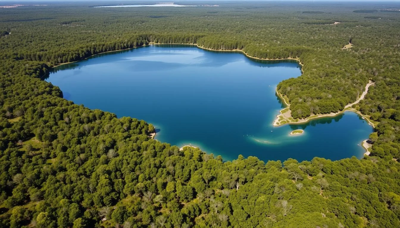 Aerial view of Cedar Lake at Cleburne State Park, Texas showing the clear blue water surrounded by lush green forest