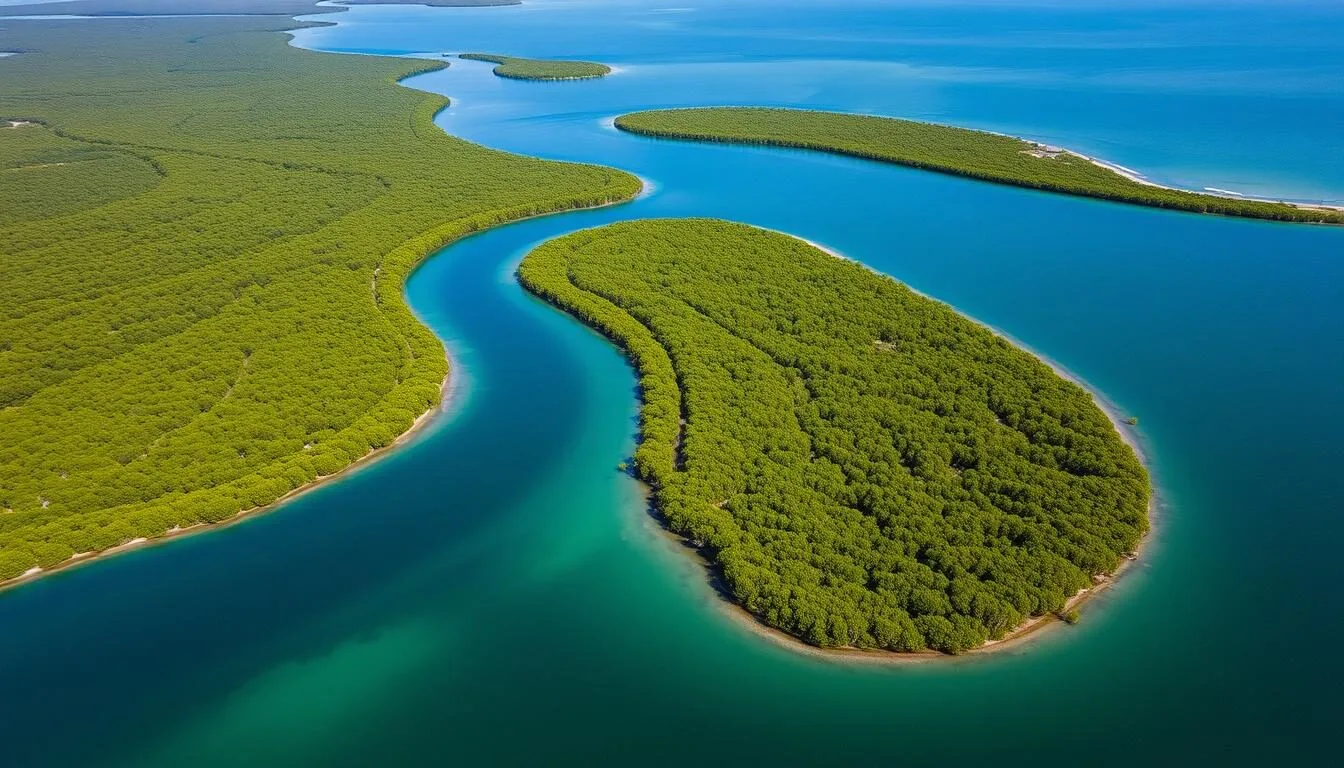 Aerial-view-of-Charlotte-Harbor-Preserve-State-Park-showing-the-vast-mangrove-forests-and Aerial view of Charlotte Harbor Preserve State Park showing the vast mangrove forests and winding waterways of this Florida natural treasure