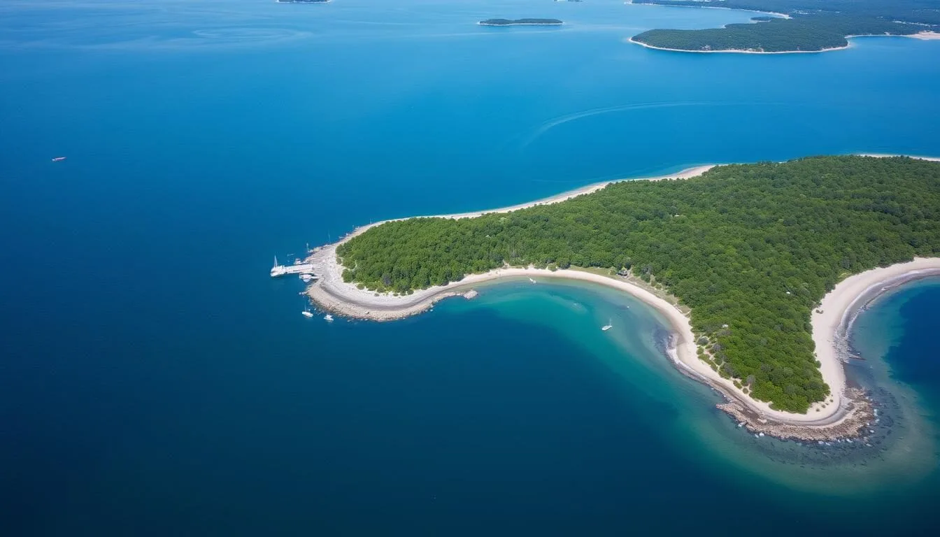 Aerial view of Chebeague Island in Casco Bay, Maine showing coastline, beaches and forested areas