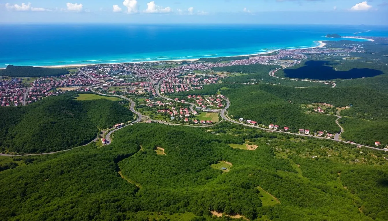 Aerial view of Ciego de Avila province showing lush landscapes and coastal areas