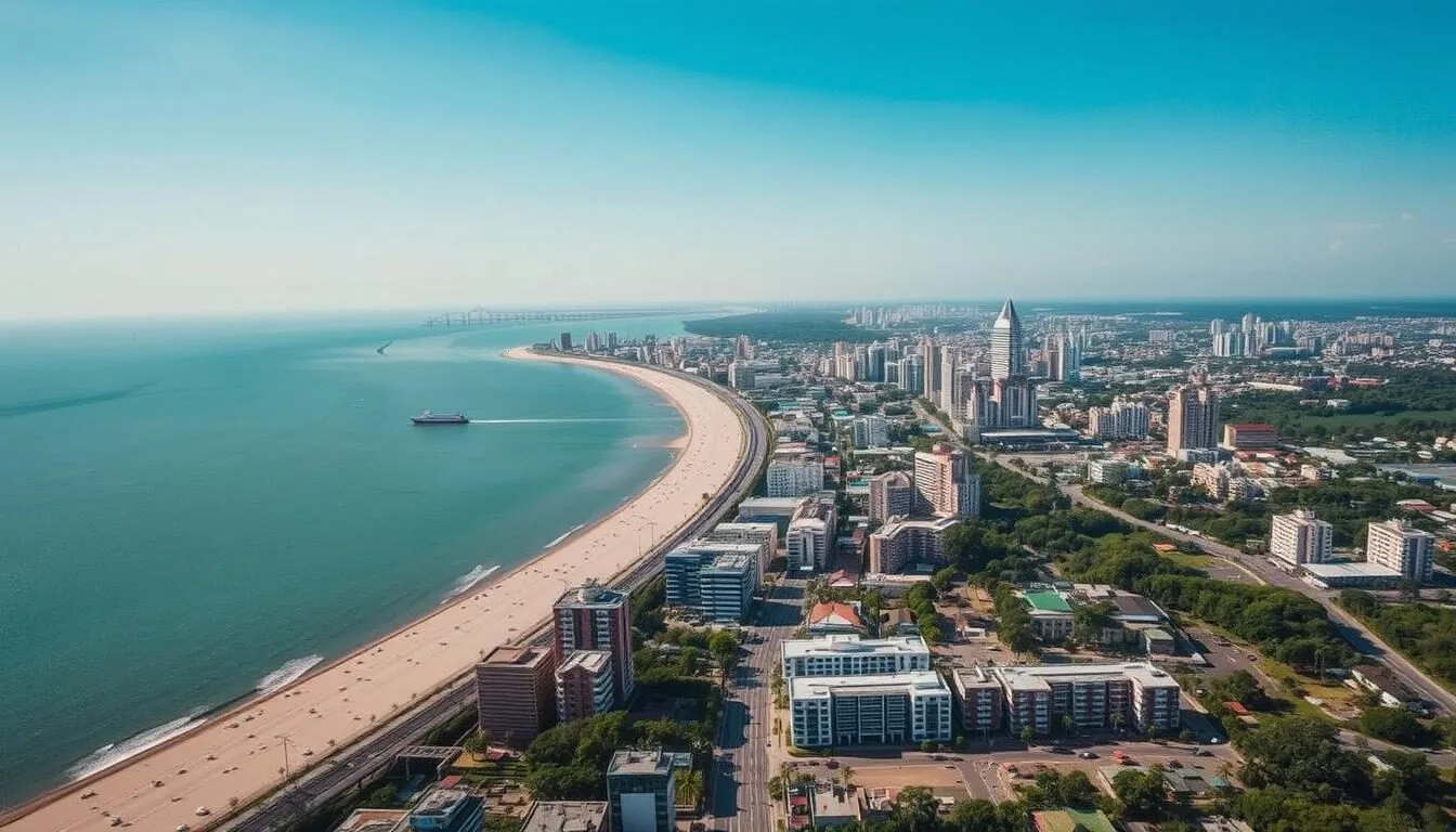 Aerial view of Cirebon city showing the coastline and urban landscape on a sunny day