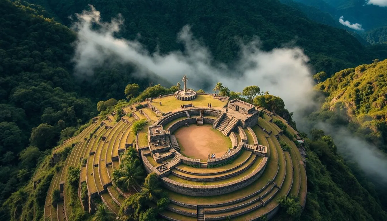 Aerial view of Ciudad Perdida's ancient stone terraces surrounded by lush jungle in the Sierra Nevada mountains of Colombia