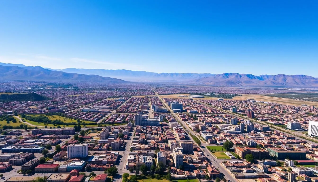 Aerial view of Cochabamba city with mountains in the background