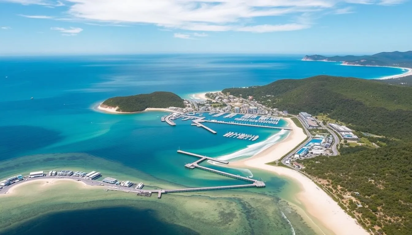 Aerial view of Coffs Harbour coastline showing beaches, marina and surrounding mountains on a sunny day