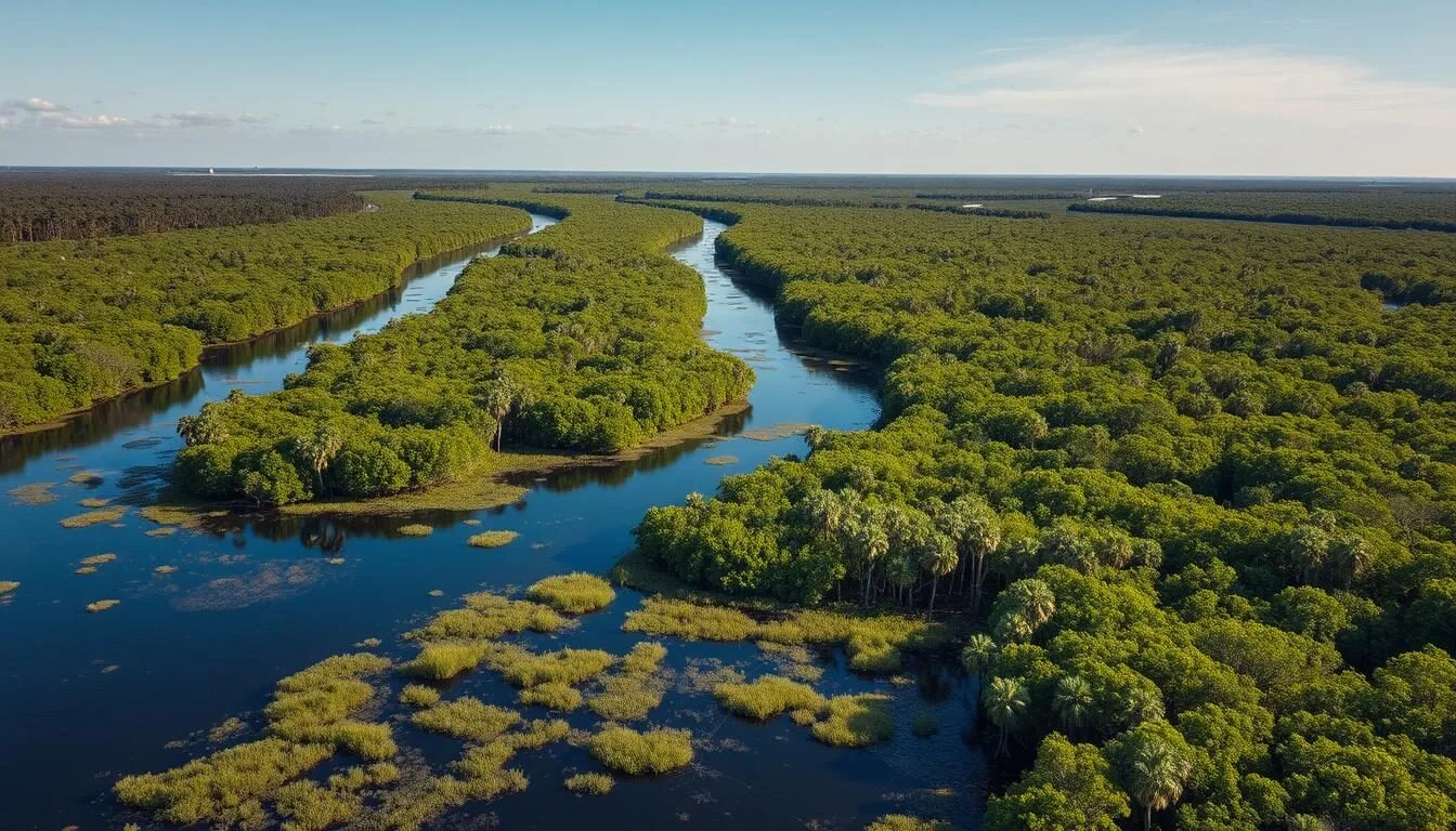Aerial view of Collier-Seminole State Park showing vast mangrove swamps and waterways with lush green vegetation