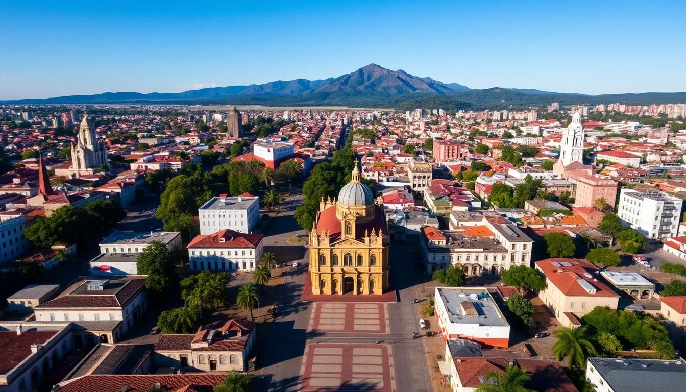 Aerial-view-of-Comayagua-Honduras-showing-the-colonial-city-layout-with-mountains-in-the Aerial view of Comayagua Honduras showing the colonial city layout with mountains in the background