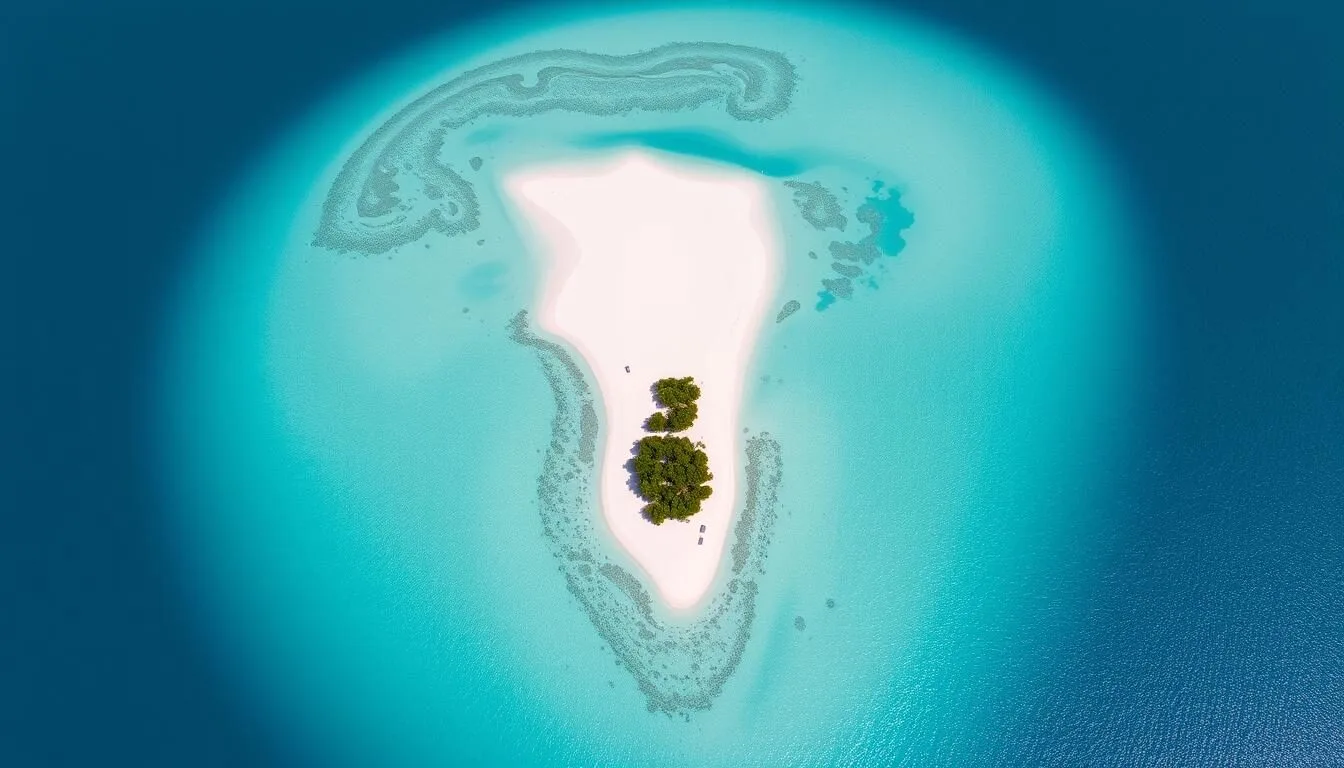 Aerial view of Conception Island, Bahamas showing its pristine beaches and surrounding turquoise waters