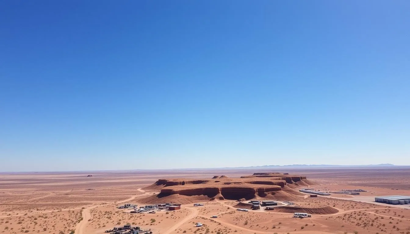 Aerial view of Coober Pedy, South Australia showing the desert landscape with scattered buildings and mining operations
