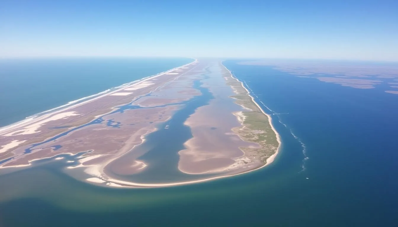 Aerial view of Coorong National Park, South Australia showing the long narrow lagoon system and coastline