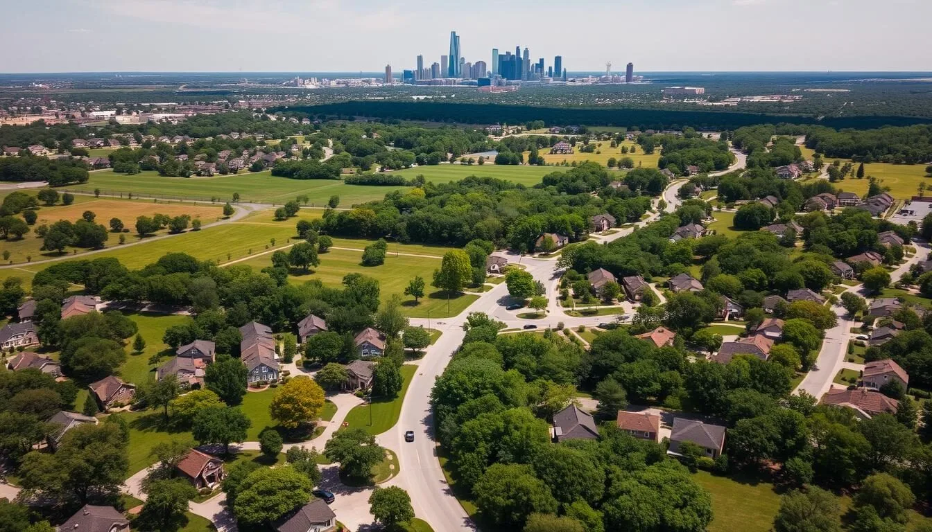 Aerial view of Coppell, Texas showing its green spaces and proximity to Dallas