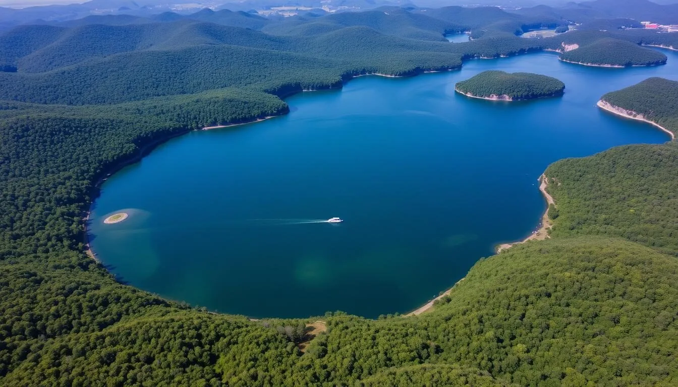 Aerial view of Cordell Hull Lake, Tennessee with surrounding forested shoreline
