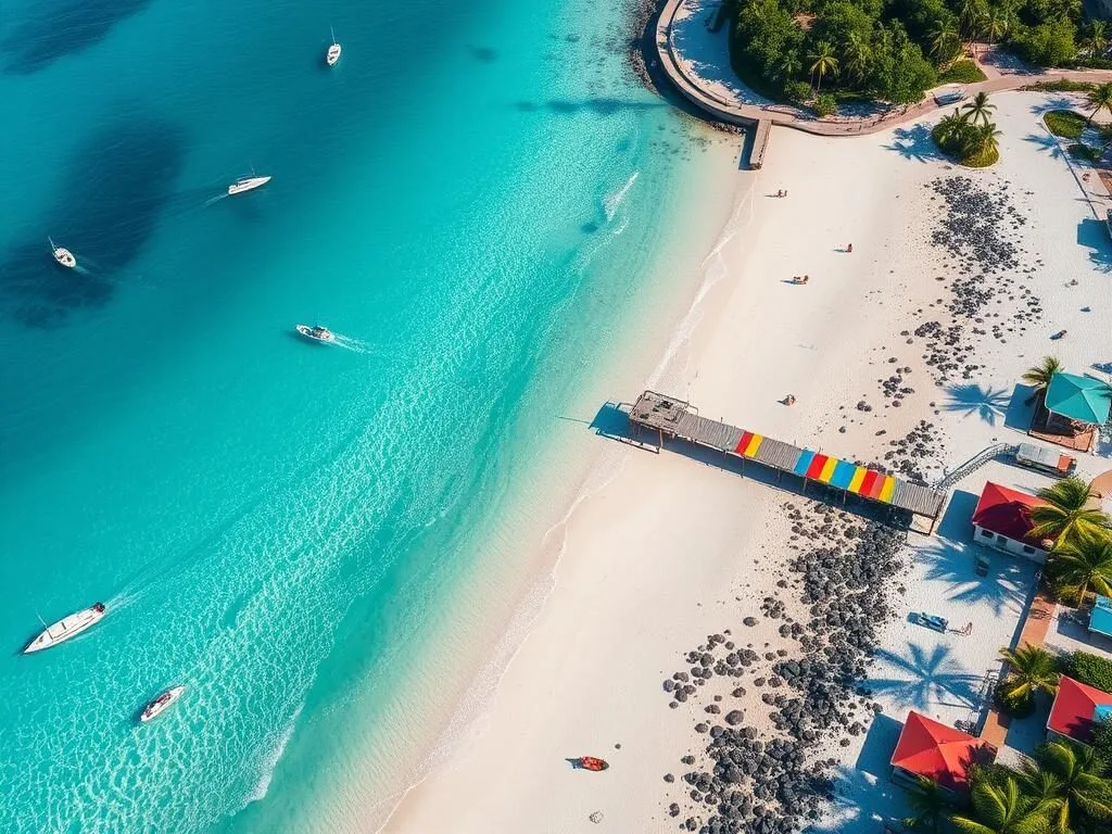 Aerial view of Crash Boat Beach in Aguadilla showing the colorful pier and turquoise waters