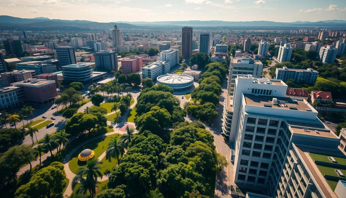 Aerial view of Curitiba's downtown area showing the city's abundant green spaces and modern urban planning