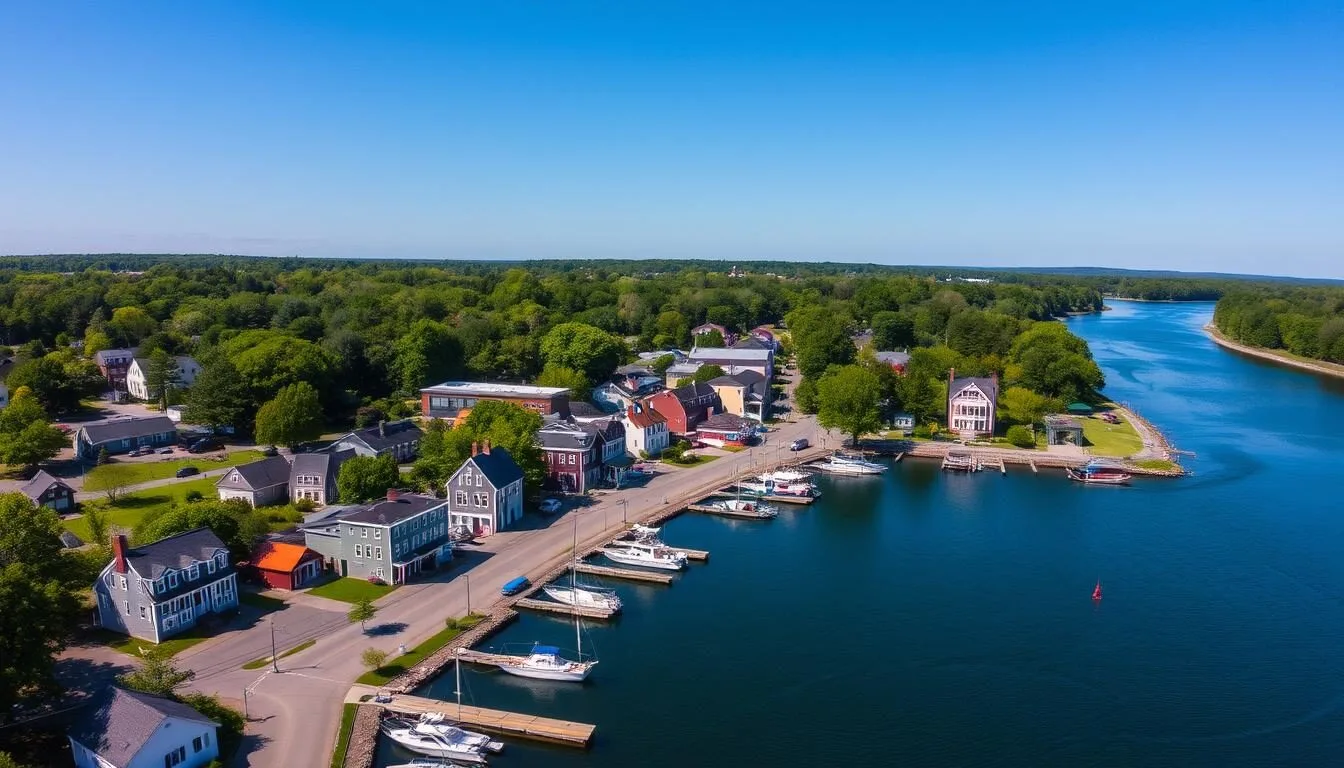 Aerial view of Damariscotta, Maine showing the river, downtown area, and surrounding landscape on a sunny day