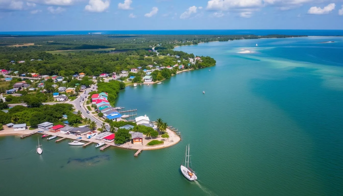 Aerial-view-of-Dangriga-town-with-the-North-Stann-Creek-River-meeting-the-Caribbean-Sea Aerial view of Dangriga town with the North Stann Creek River meeting the Caribbean Sea
