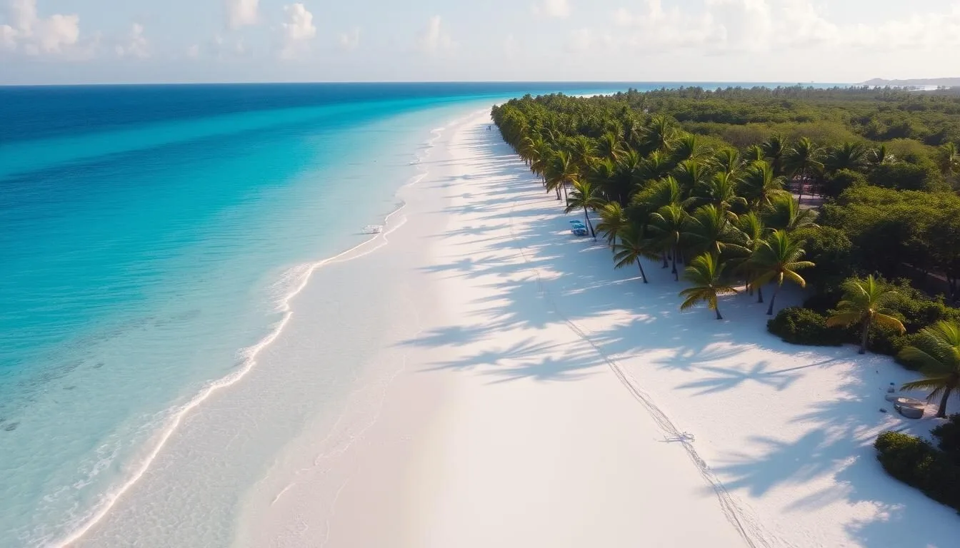 Aerial view of Darkwood Beach, Antigua and Barbuda showing white sands and turquoise waters