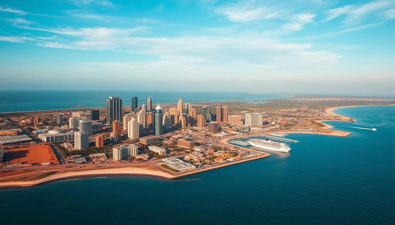 Aerial view of Darwin city and harbor on a clear sunny day during the dry season