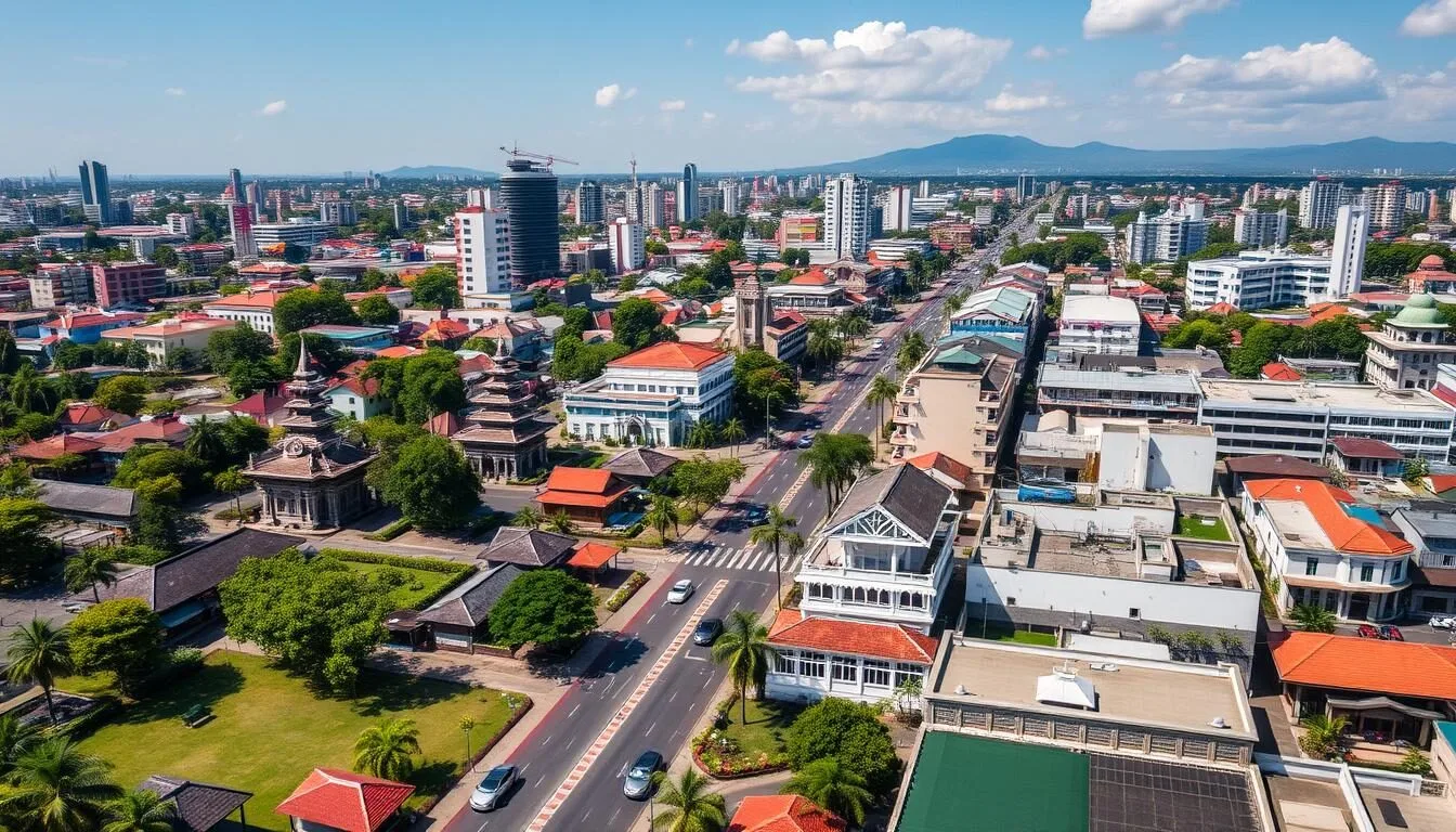 Aerial view of Denpasar city showing traditional Balinese architecture mixed with modern buildings