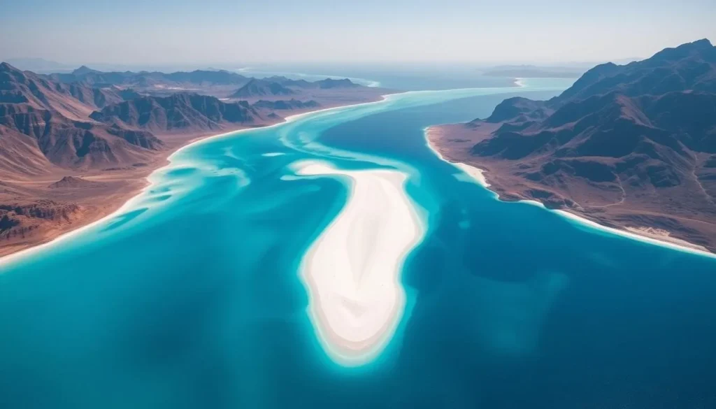 Aerial view of Detwah Lagoon in Socotra showing turquoise waters and white sand
