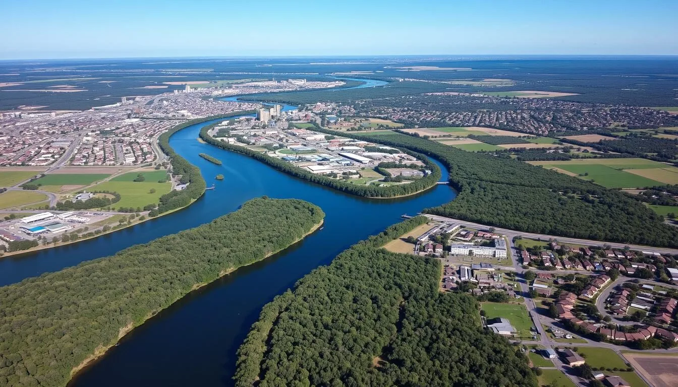 Aerial view of Dubbo city with the Macquarie River winding through the landscape on a sunny day