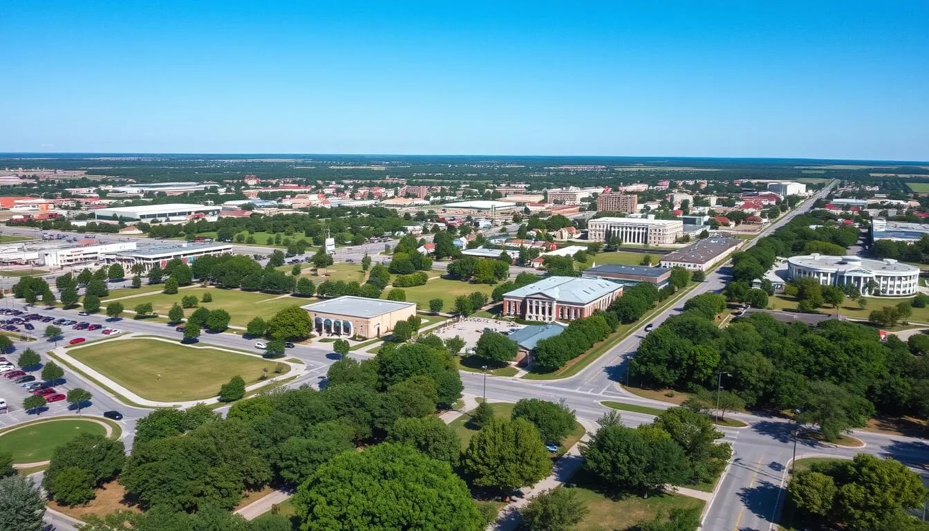 Aerial view of Duncanville Texas showing parks and urban landscape on a sunny day