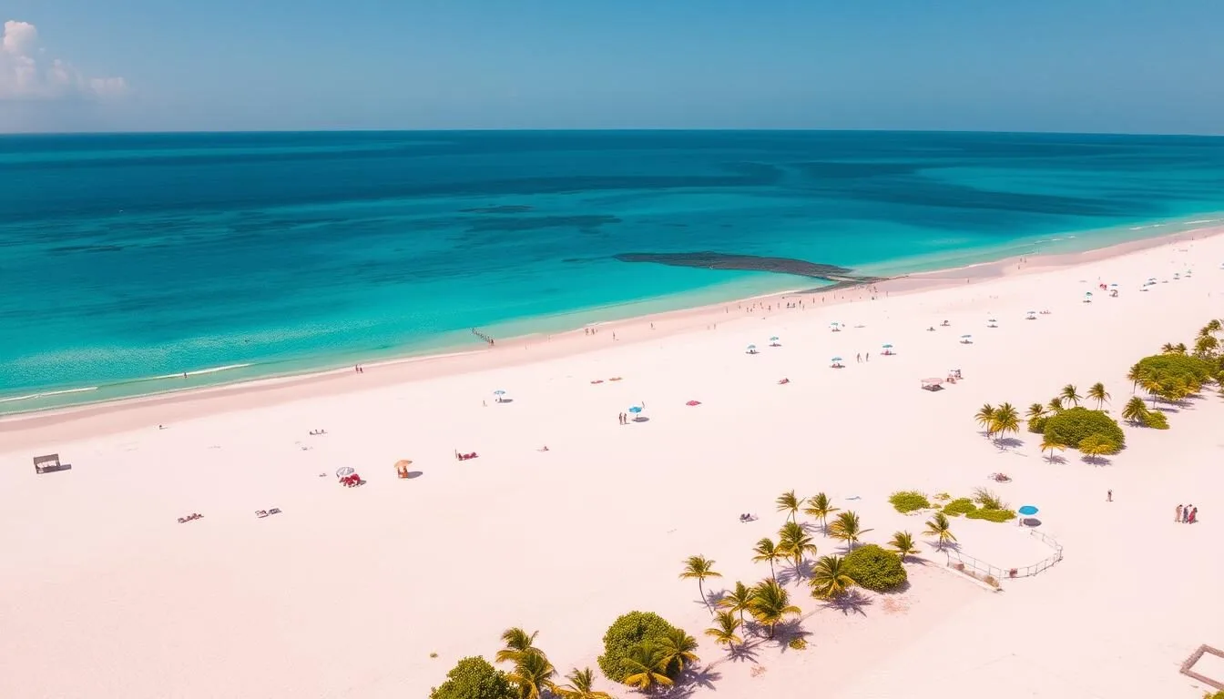 Aerial view of Eagle Beach, Aruba showing the wide white sand beach and turquoise waters