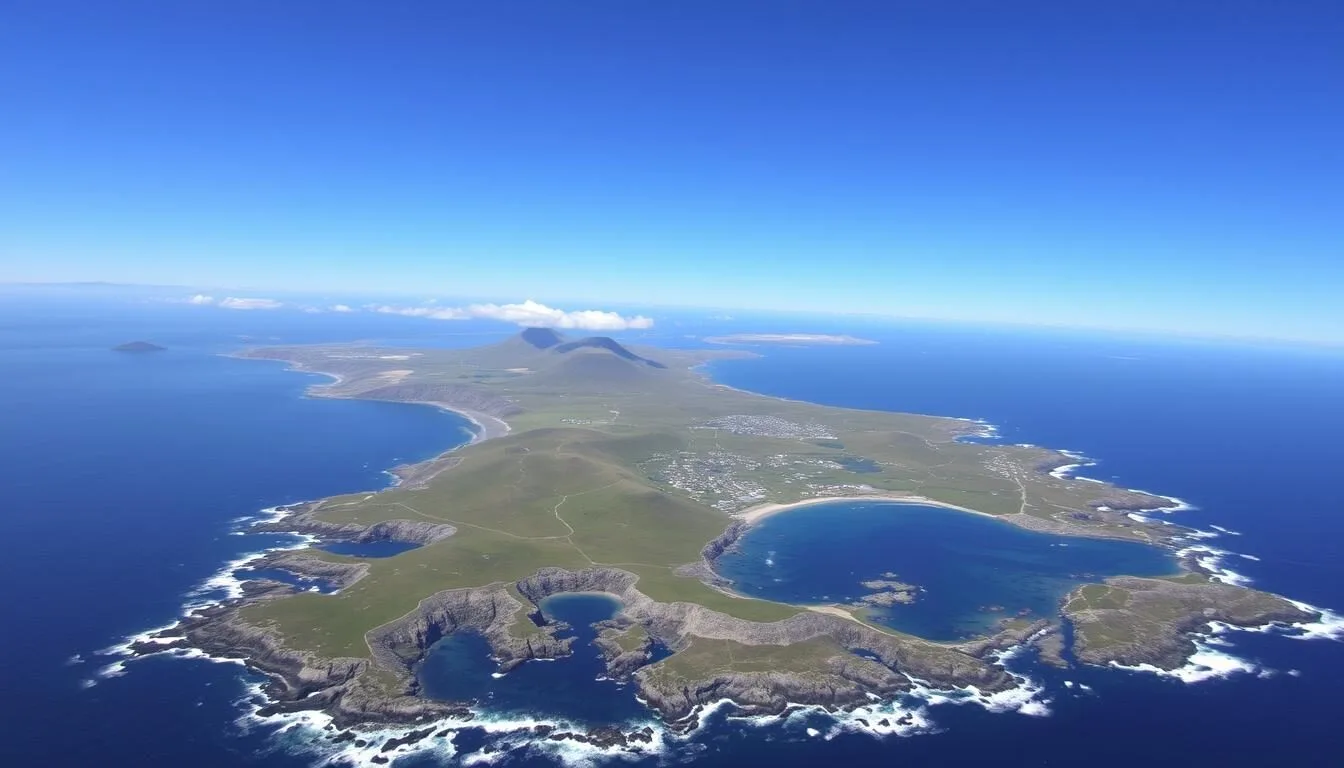 Aerial view of East Falkland Island showing its rugged coastline and rolling landscape