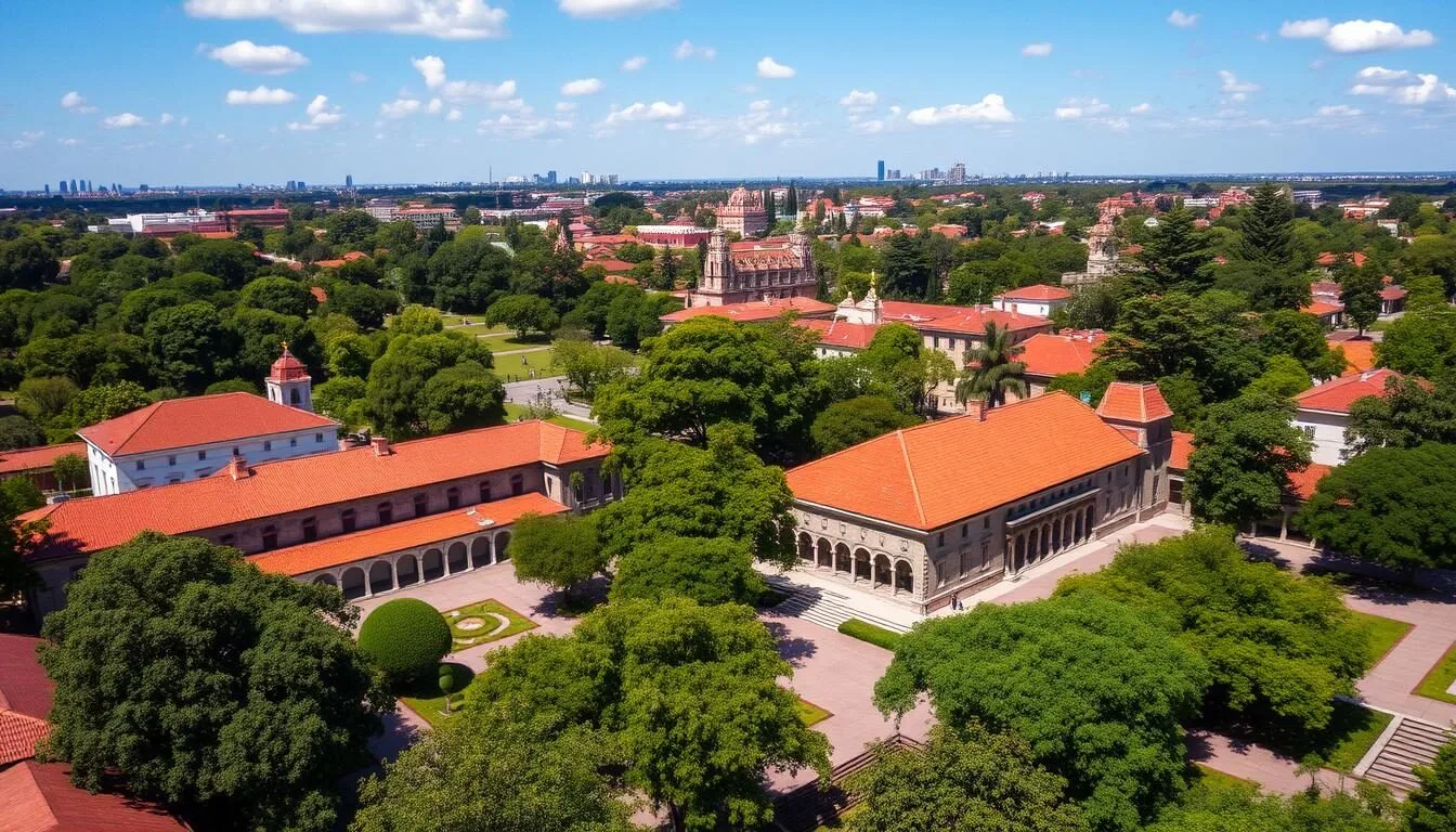 Aerial-view-of-El-Historico-Coyoacan-National-Park-showing-historic-buildings-and-green-spaces- Aerial view of El Historico Coyoacan National Park showing historic buildings and green spaces in Mexico City