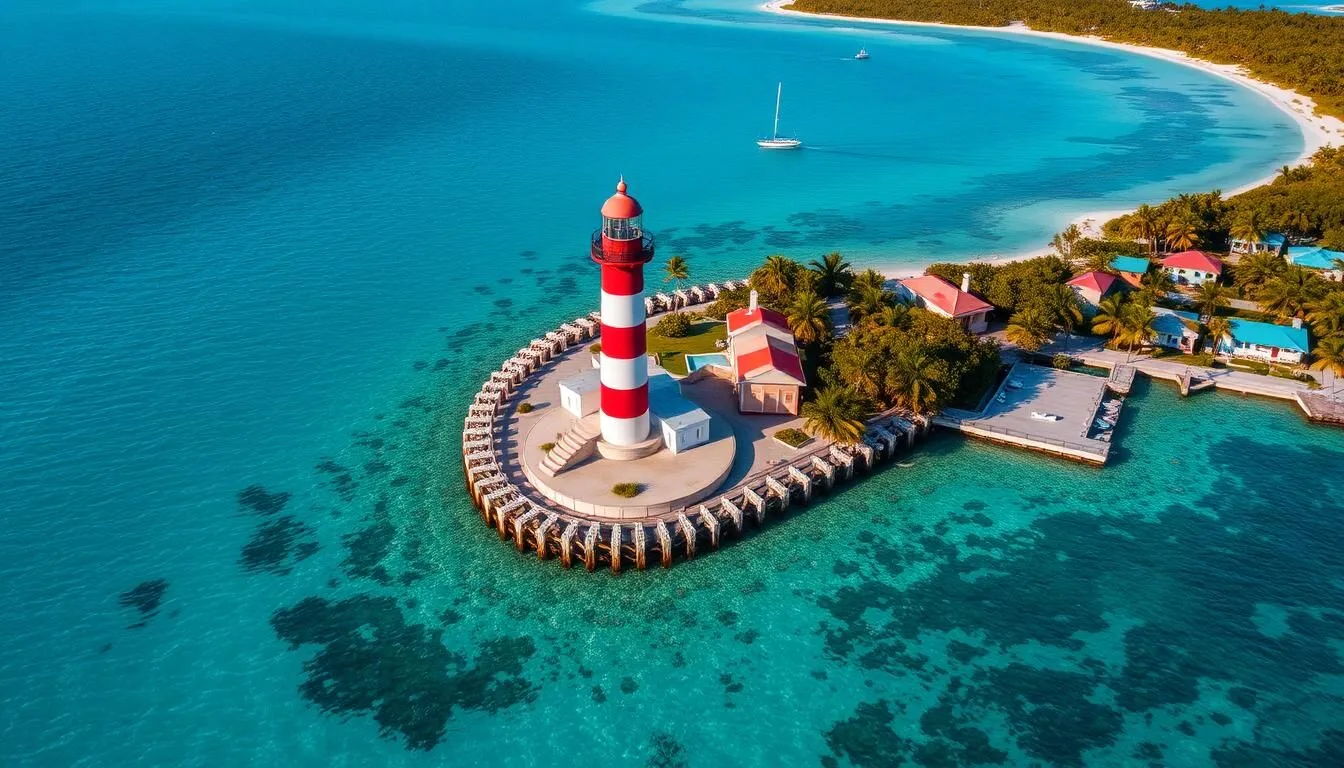 Aerial view of Elbow Cay, Bahamas showing the iconic red and white striped lighthouse and surrounding turquoise waters