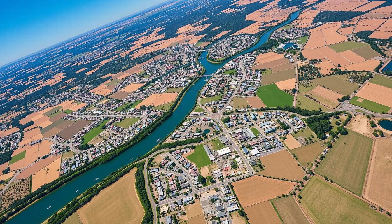 Aerial-view-of-Emerald-Town-Queensland-showing-the-town-layout-with-the-Nogoa-River-winding Aerial view of Emerald Town, Queensland showing the town layout with the Nogoa River winding through the landscape