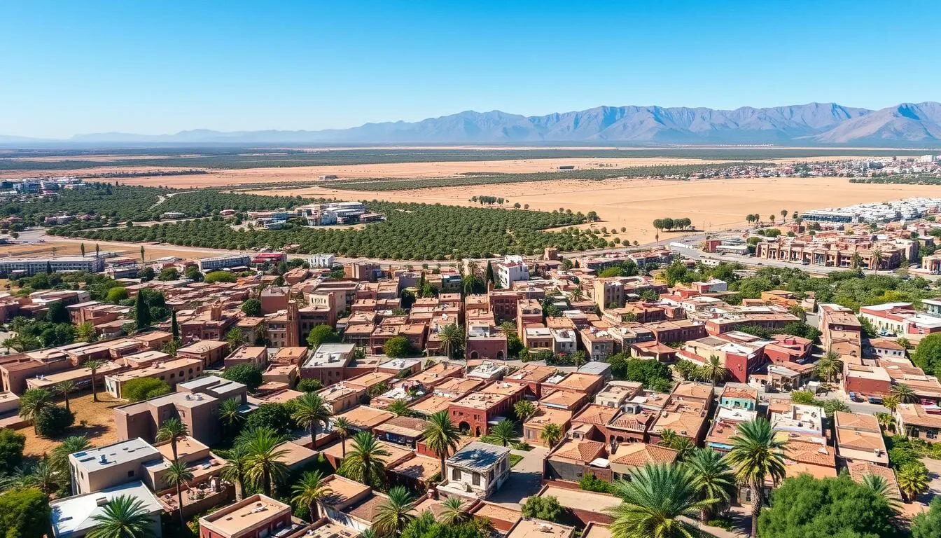 Aerial view of Errachidia city with palm groves and Atlas Mountains in the background