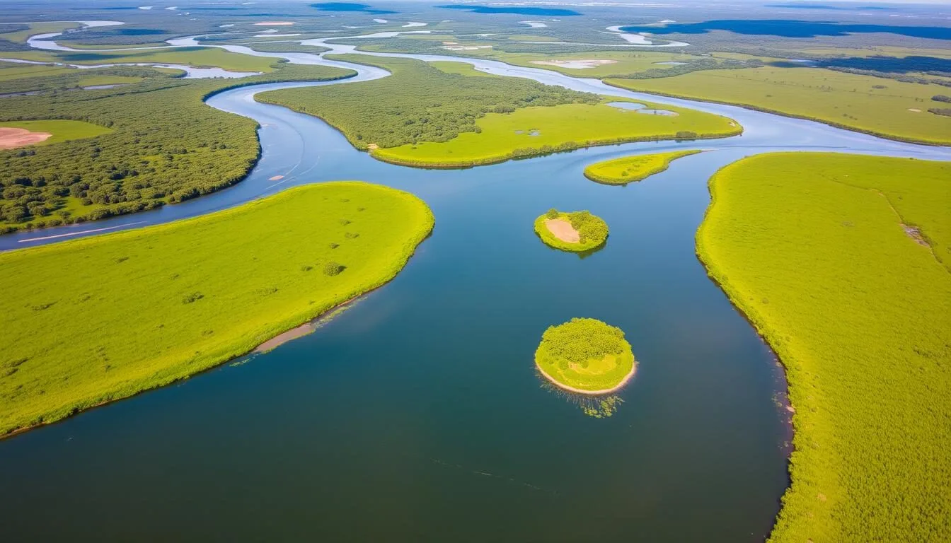 Aerial view of Esteros de Farrapos e Islas del Rio Uruguay National Park showing wetlands and river channels