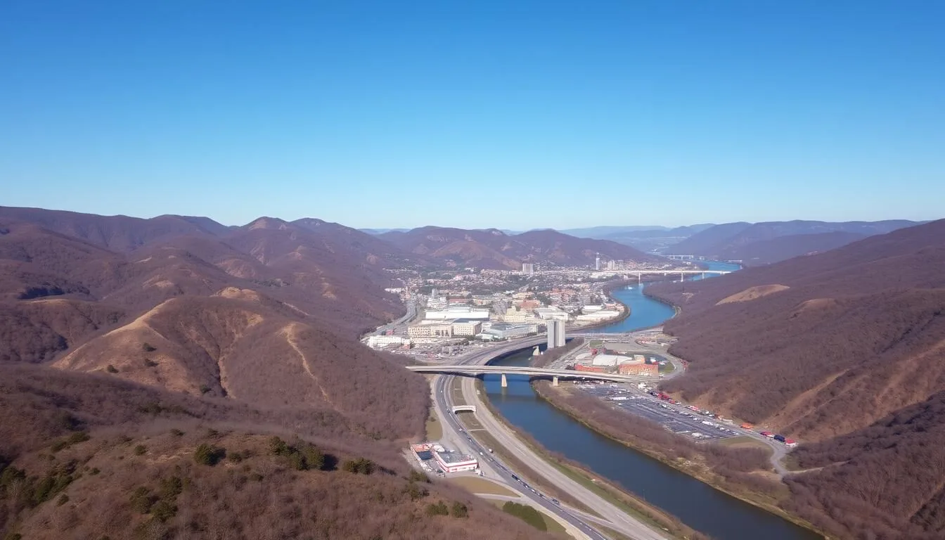 Aerial view of Fairmont, West Virginia showing the city nestled between rolling hills with the Monongahela River winding through it on a clear sunny day