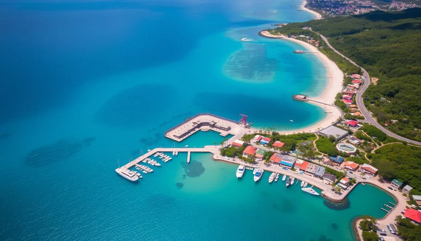 Aerial view of Fajardo, Puerto Rico coastline showing the marina and surrounding beaches