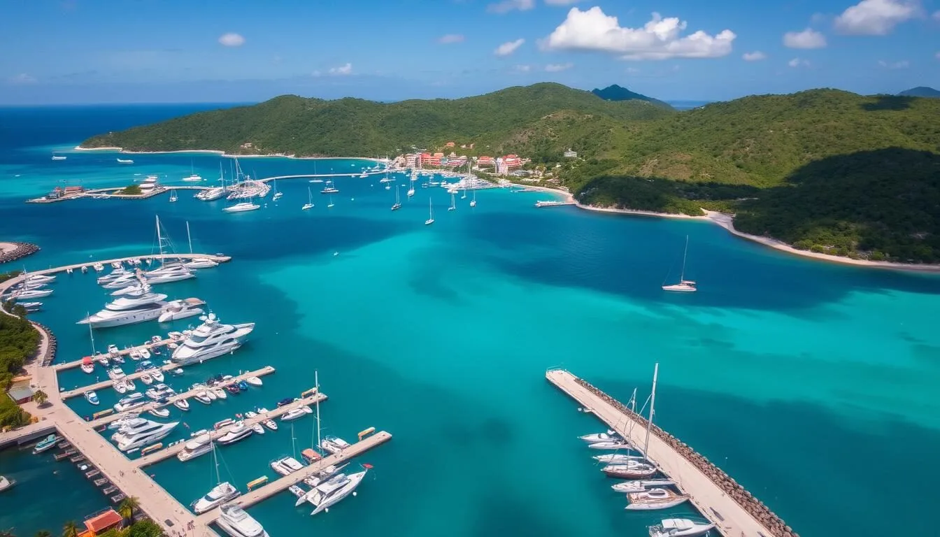 Aerial view of Falmouth Harbour with yachts and surrounding lush hills