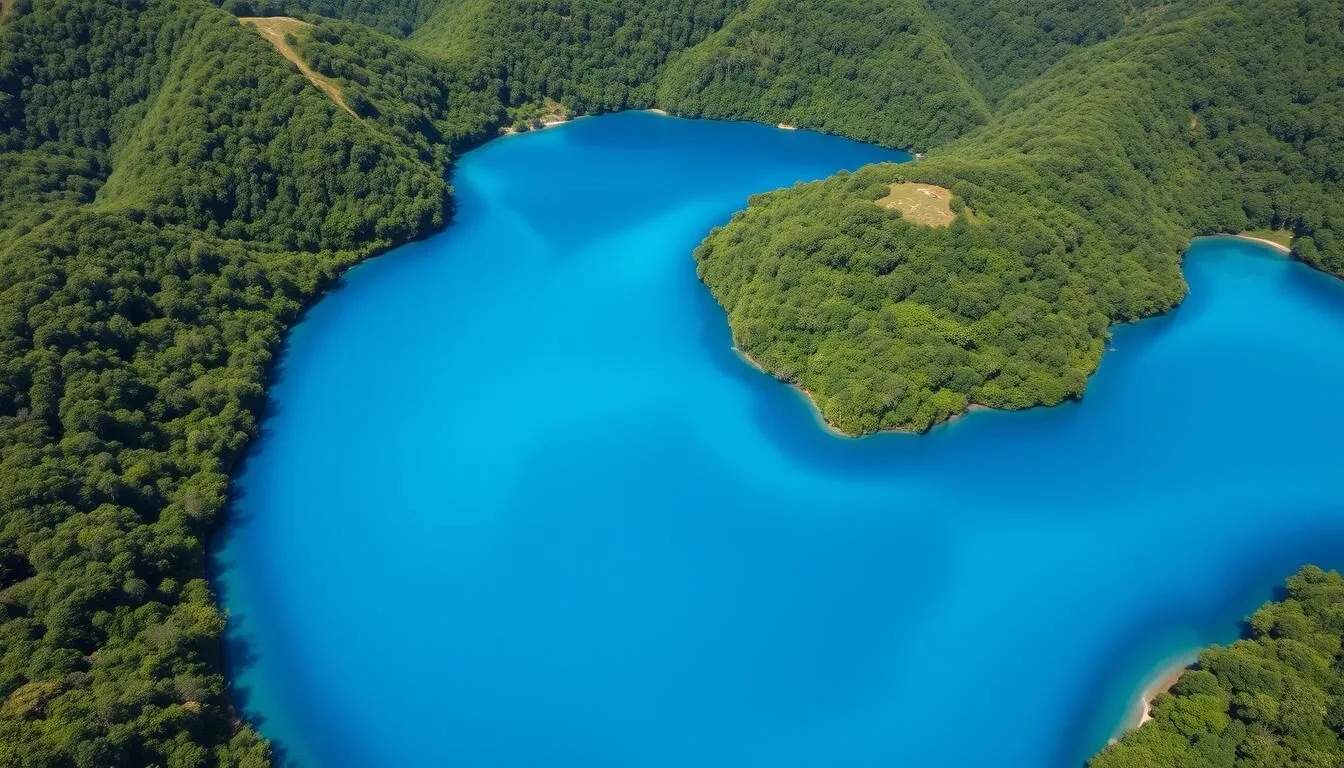 Aerial-view-of-Five-Blues-Lake-National-Park-showing-the-lakes-multiple-shades-of-blue Aerial view of Five Blues Lake National Park showing the lake's multiple shades of blue surrounded by lush rainforest