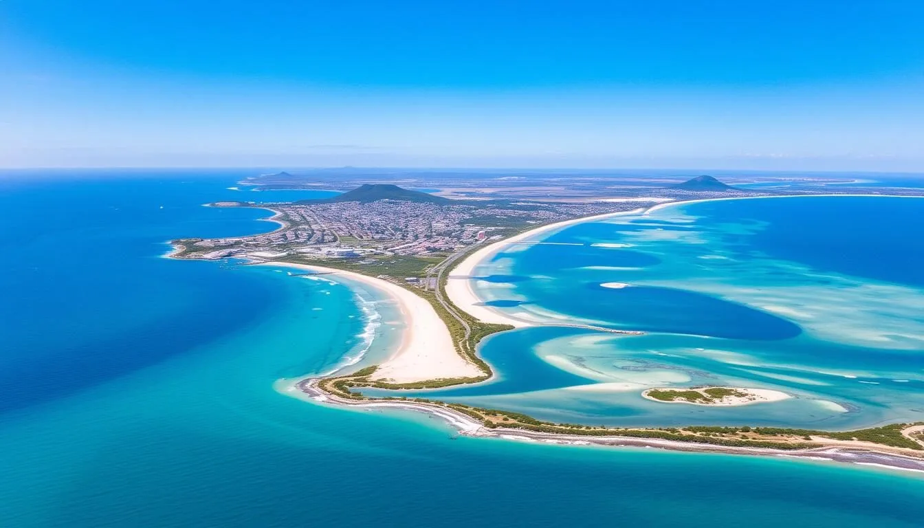 Aerial view of Forster NSW showing the beautiful coastline, Wallis Lake, and the town center on a sunny day