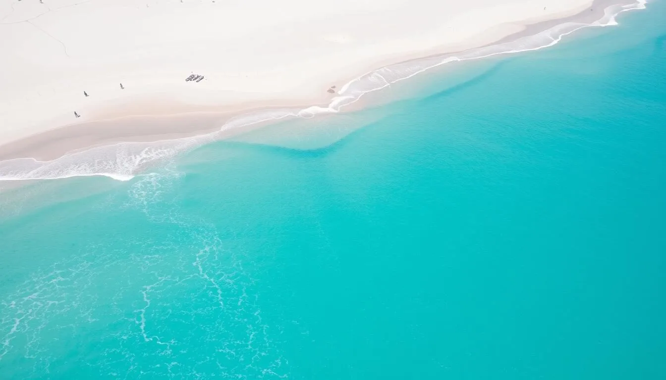 Aerial view of Fuwairit Beach in Qatar showing pristine white sand and turquoise waters