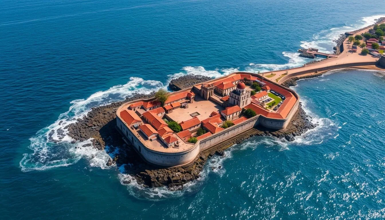 Aerial view of Galle Fort surrounded by the Indian Ocean on a sunny day