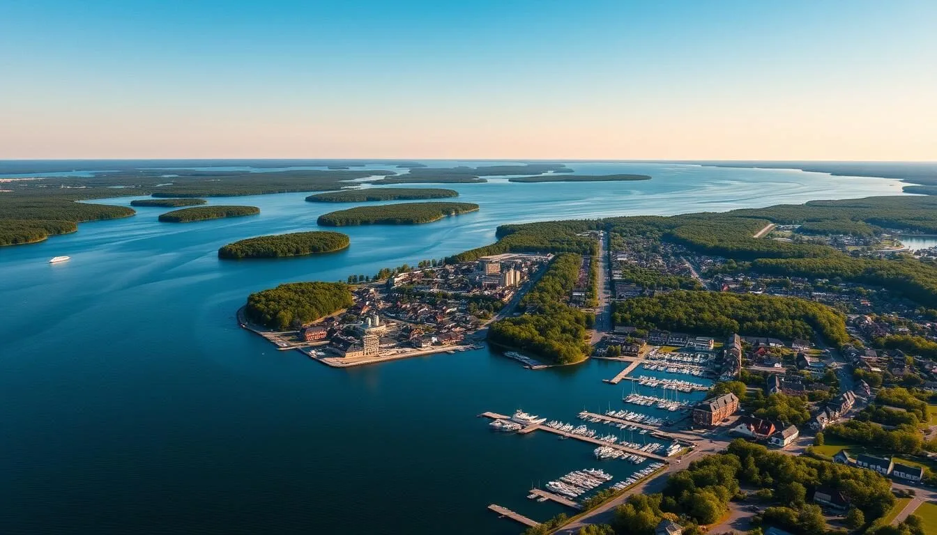 Aerial view of Gananoque and the Thousand Islands on the St. Lawrence River